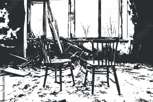Two old wooden chairs in a decayed, abandoned room with broken windows and debris
