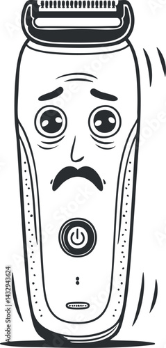 Black and white cartoon illustration of an electric shaver with a scared facial expression