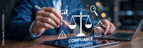 Businessperson interacting with digital compliance concepts.