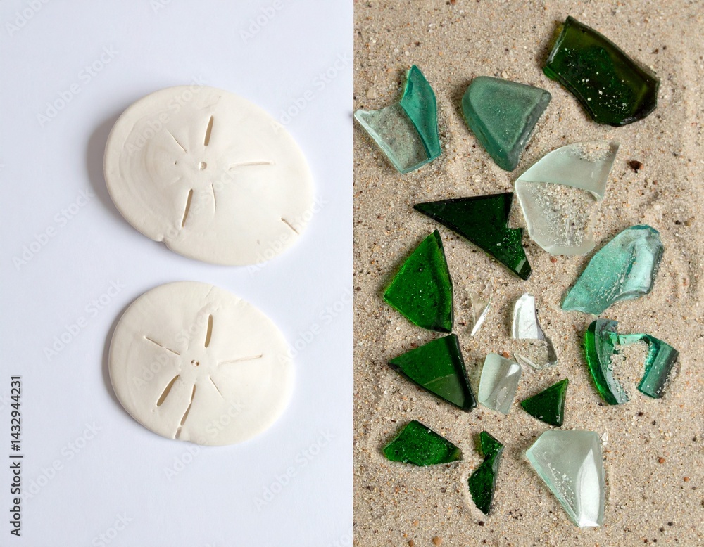 Two sand dollars on white background beside green glass shards on sand, illustrating contrast between natural sea life and human pollution.