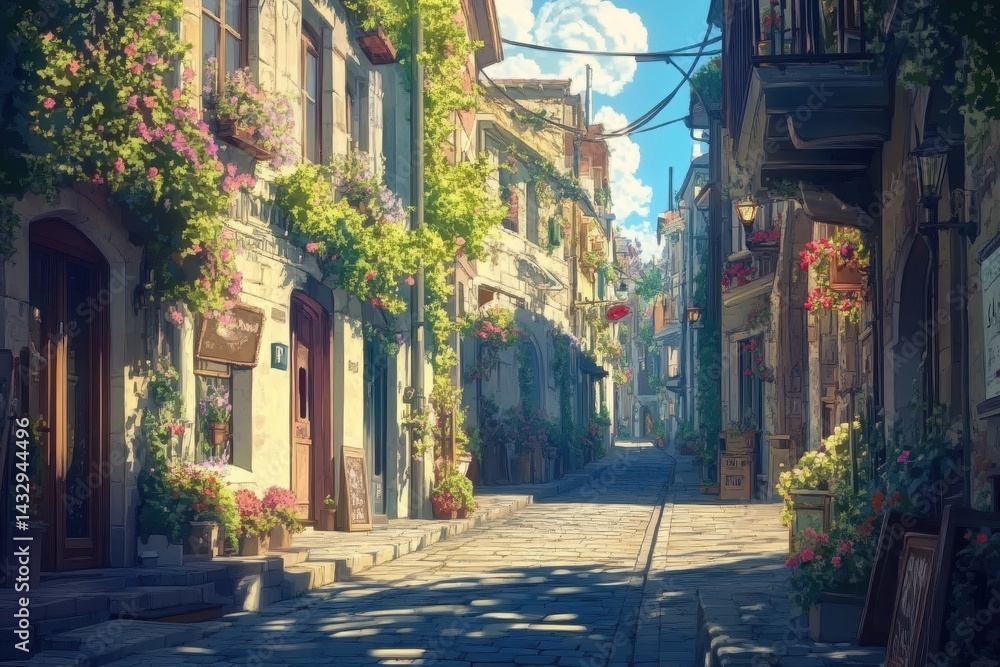 Fototapeta premium Quaint street in a vibrant village brimming with flowers and sunshine during a peaceful afternoon, An anime background showcasing a quaint street scene anime Photo background