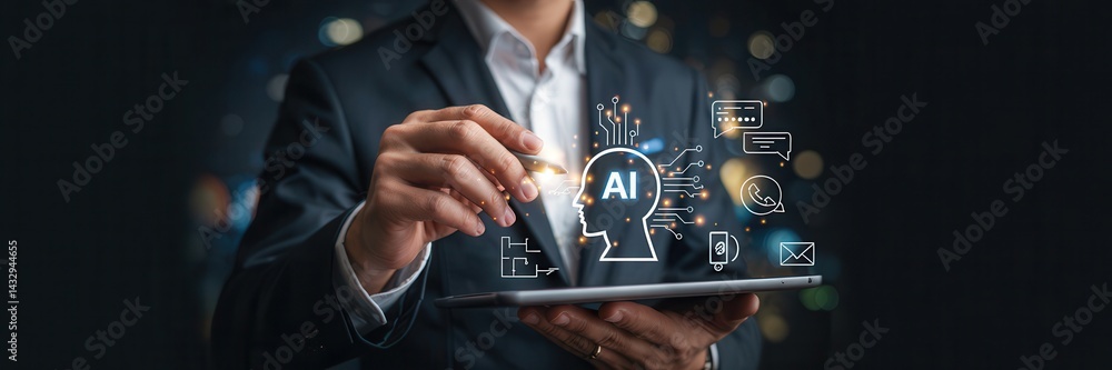 Modern businessperson interacting with artificial intelligence