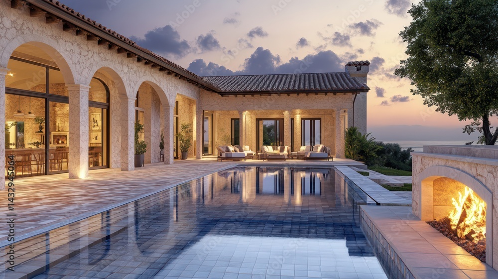 Fototapeta premium A breathtaking Mediterranean villa with an expansive courtyard terrace