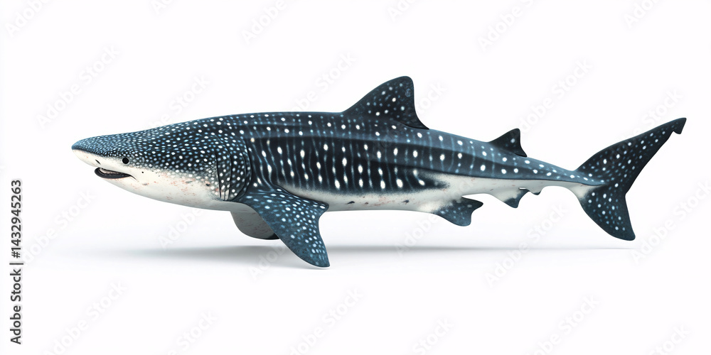 Fototapeta premium A detailed 3D render of a whale shark, showcasing its distinctive spotted pattern against a white background.
