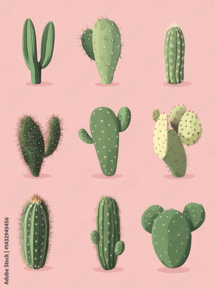 Artistic Arrangement of Various Cactus Species on a Soft Pink Backdrop Botanical Illustration Artistic Arrangement of Various Cactus Species on a Soft Pink Backdrop Botanical Illustration
