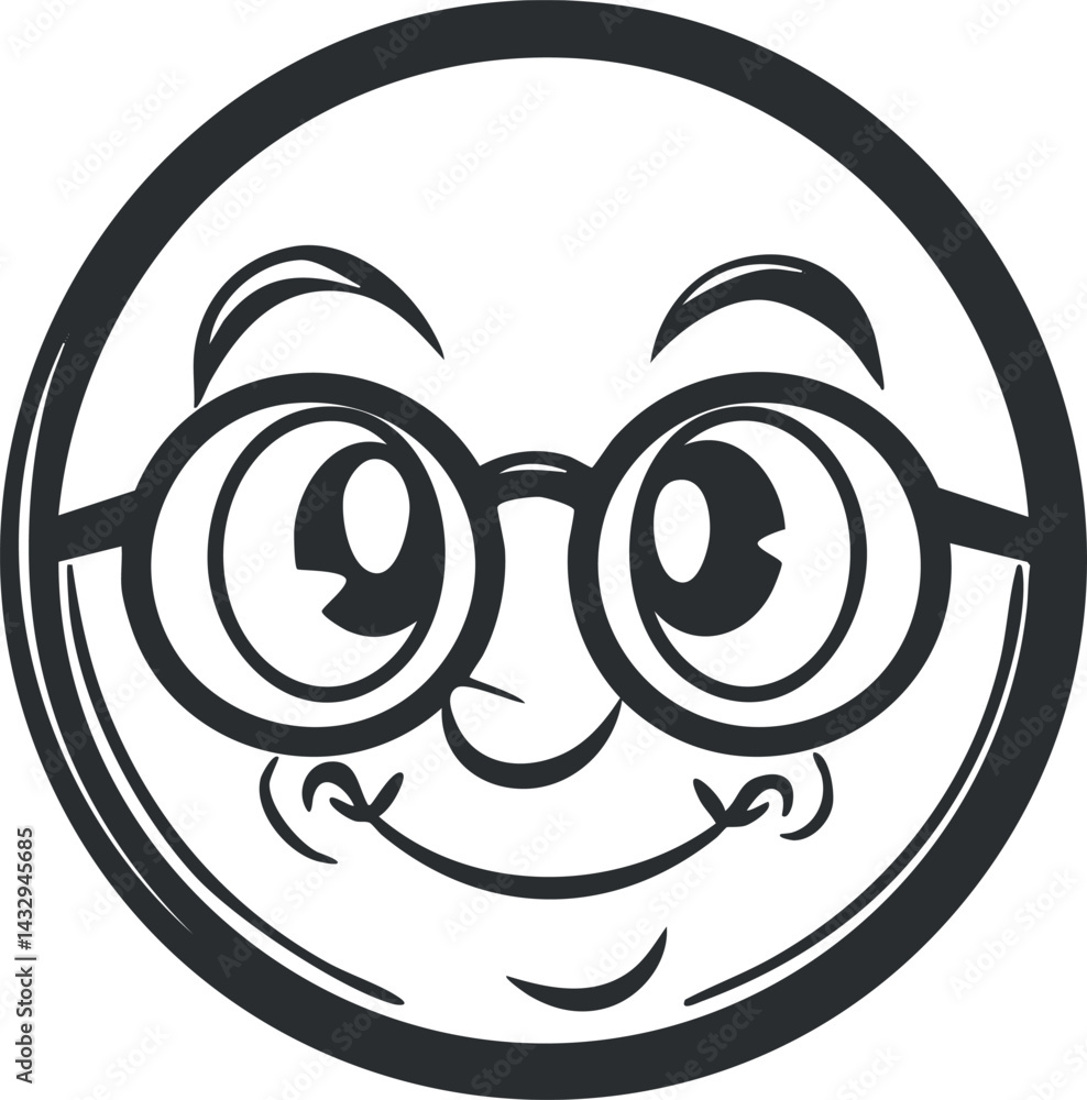 Black and white cartoon smiley face with round glasses and cheerful expression Black and white cartoon smiley face with round glasses and cheerful expression