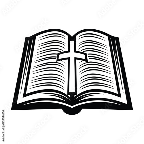Open Book Silhouette with Cross Symbol, Black and White Religious Icon, Simple Design