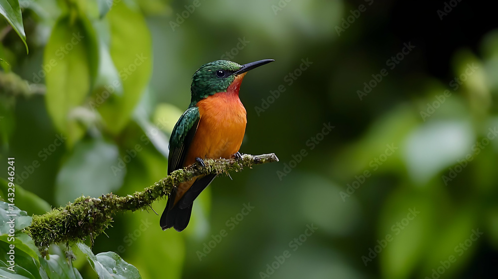 Fototapeta premium Colorful Hummingbird Perched On Branch In Lush Tropical Forest