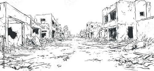Black and white sketch of a deserted street lined with ruined and abandoned buildings showing extensive destruction and decay