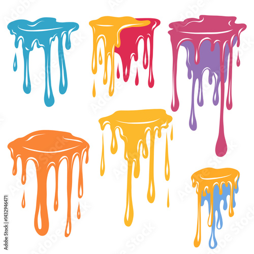 Set of colorful paint drips flows down isolated from background. Clip arts of sticky dye. Colorful collection of pour liquid oil for banner and badges.