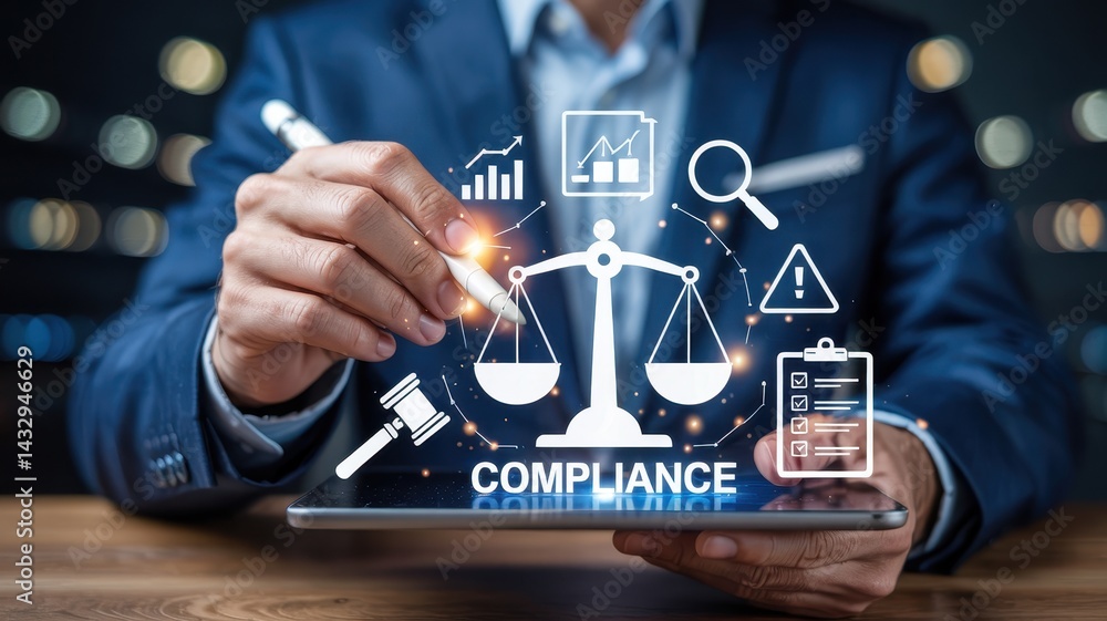 Business professional interacting with digital compliance concept.