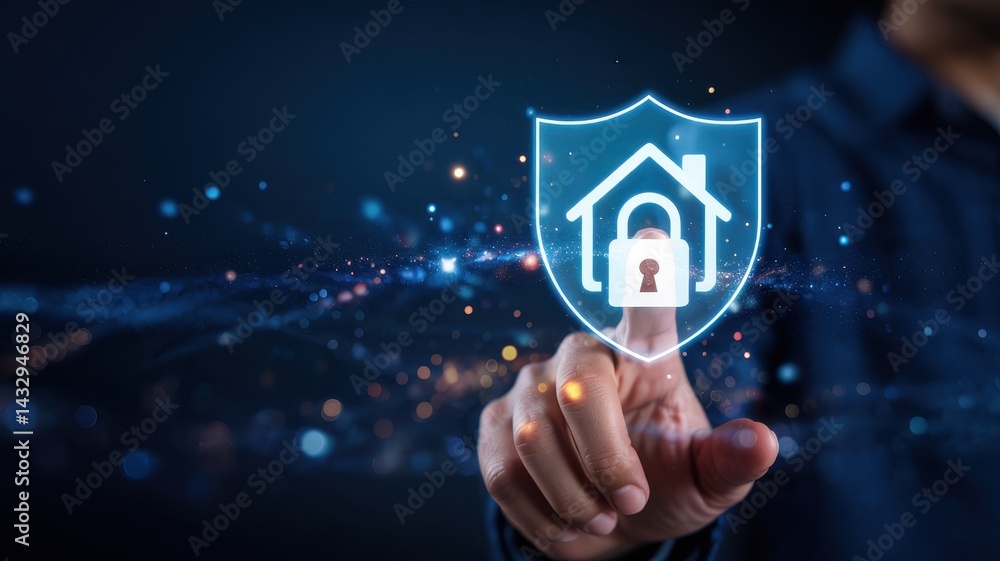 Digital home security protection icon displayed by a hand.