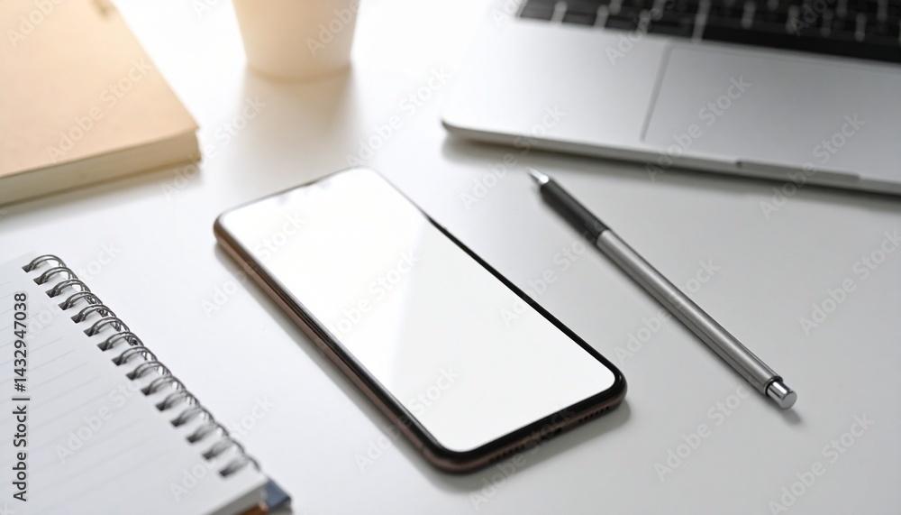 Smartphone mockup with clean blank dcreen, placed on desk beside notepad and pen Smartphone mockup with clean blank dcreen, placed on desk beside notepad and pen