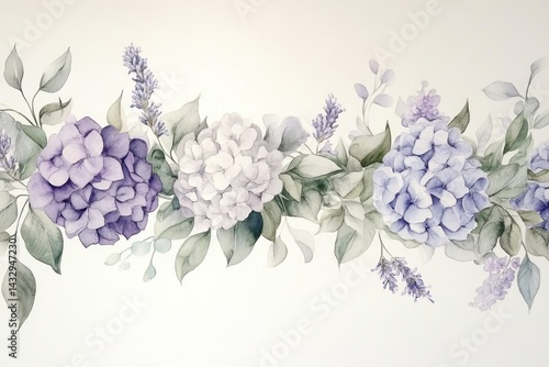 Delicate watercolor arrangement of hydrangeas and lavender.