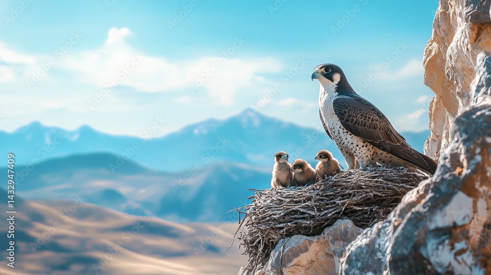 Fototapeta premium A majestic falcon stands guard over its four fluffy chicks in a rocky nest against a breathtaking mountain backdrop.