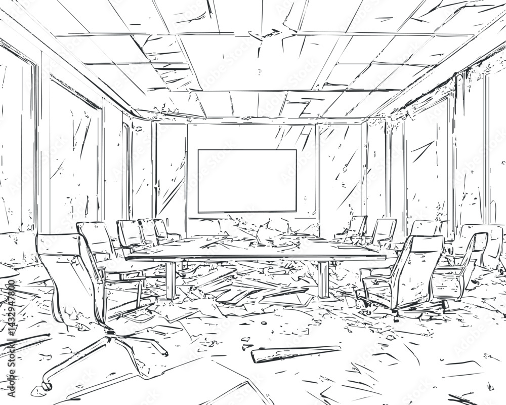 Damaged and abandoned office conference room with broken ceiling tiles, scattered debris, and overturned chairs. Damaged and abandoned office conference room with broken ceiling tiles, scattered debris, and overturned chairs.