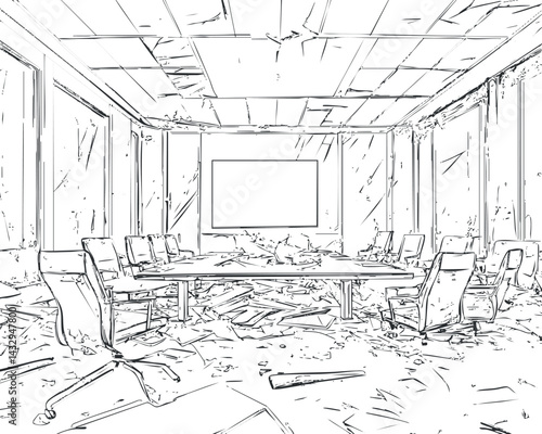Damaged and abandoned office conference room with broken ceiling tiles, scattered debris, and overturned chairs.