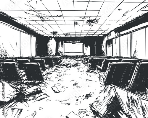 Black and white illustration of an abandoned and dilapidated theater with broken seats and debris on the floor