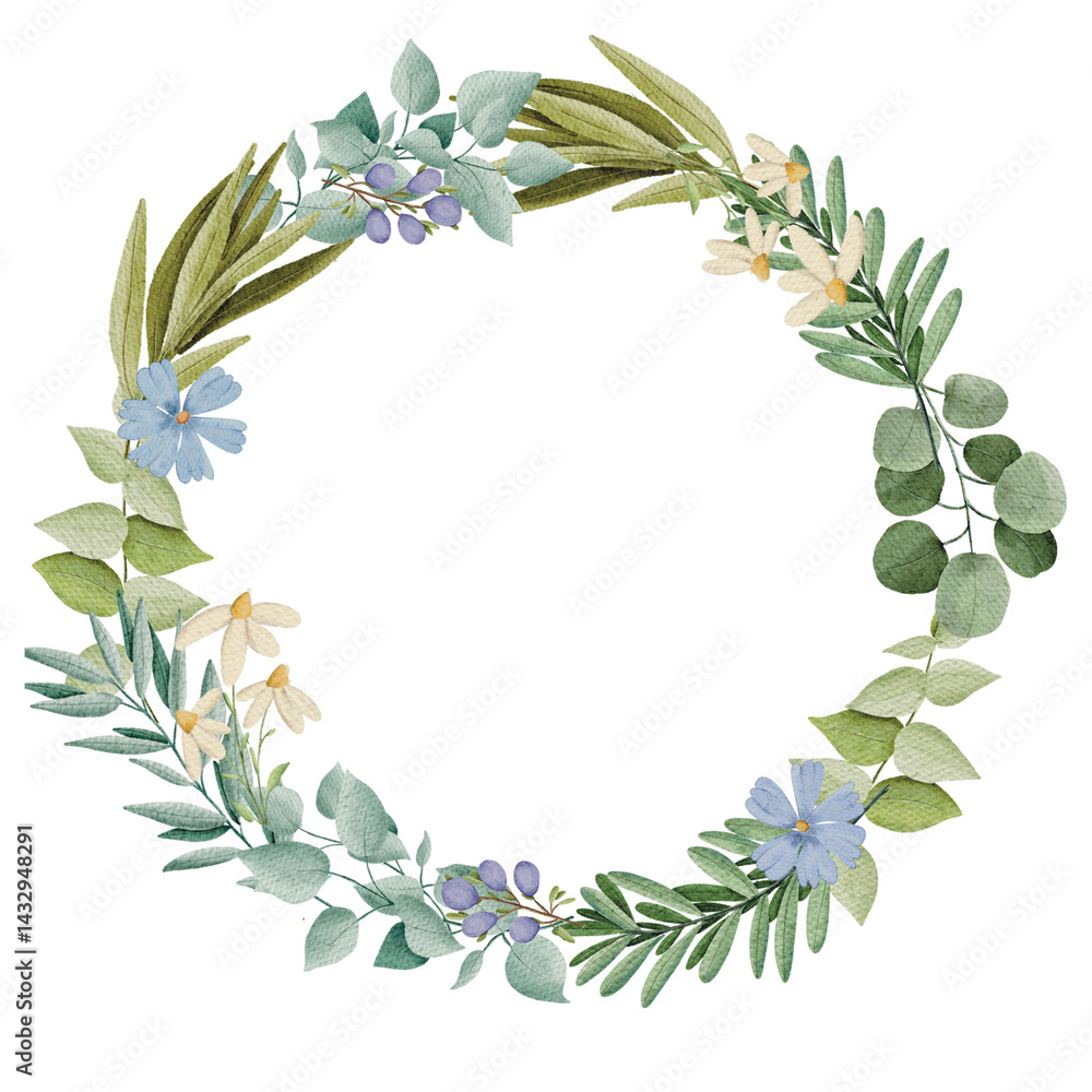 Naklejka premium watercolor leaves and flower wreath eucalyptus with green leaves spring summer bouquet