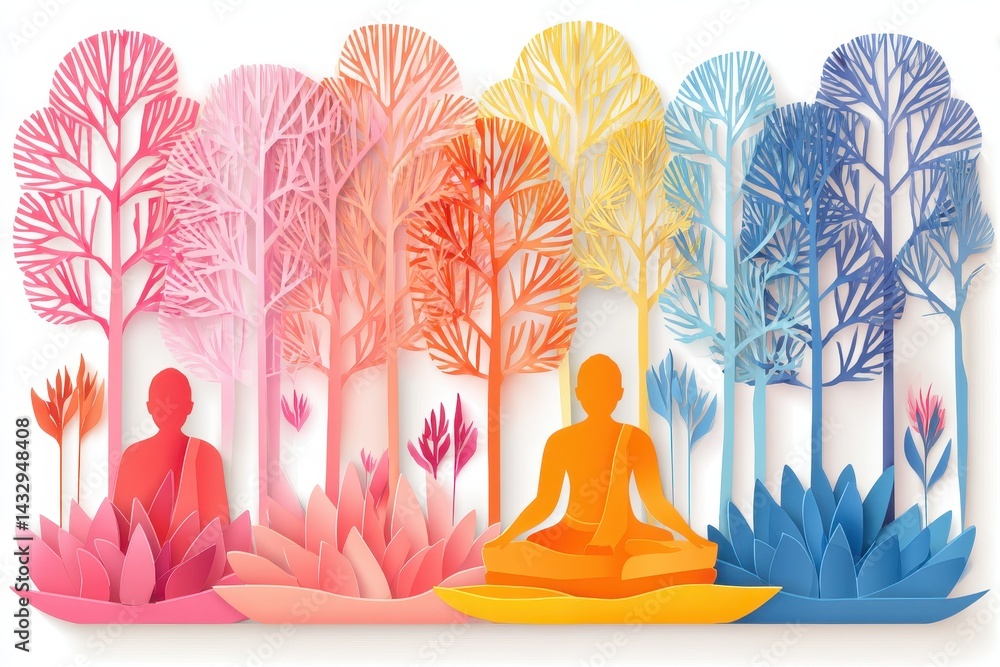 Obraz premium Vibrant Paper Cut Art Depicting Meditation and Nature for Asalha Puja Dharma Celebration