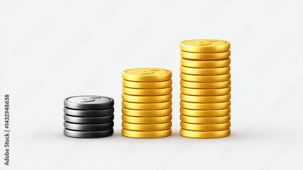 Stack of coins arranged in increasing order with silver and gold coins symbolizing wealth growth and financial success on a plain white background Stack of coins arranged in increasing order with silver and gold coins symbolizing wealth growth and financial success on a plain white background