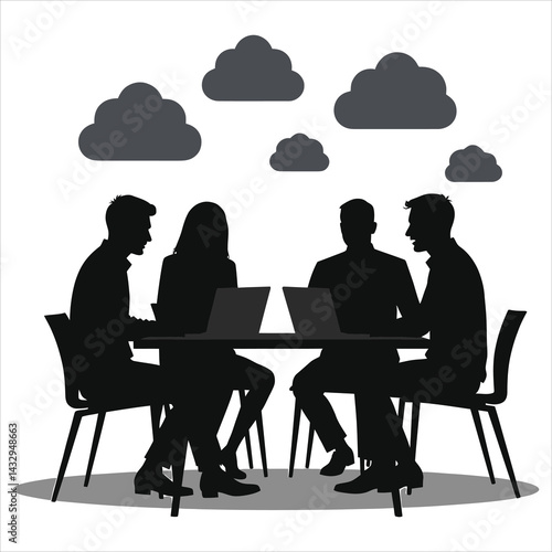Vector Silhouettes of Business People in a Meeting, Cloudy Day/A professional business meeting, represented by silhouettes of four people seated around a table with laptops.