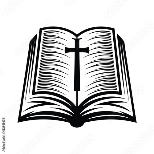 Open Book With Cross Symbol, Religious Icon, Christian Faith Concept, Black & White Design