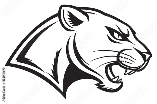 Roaring Panther Head in Black and White Bold Outline Style, Animal Mascot