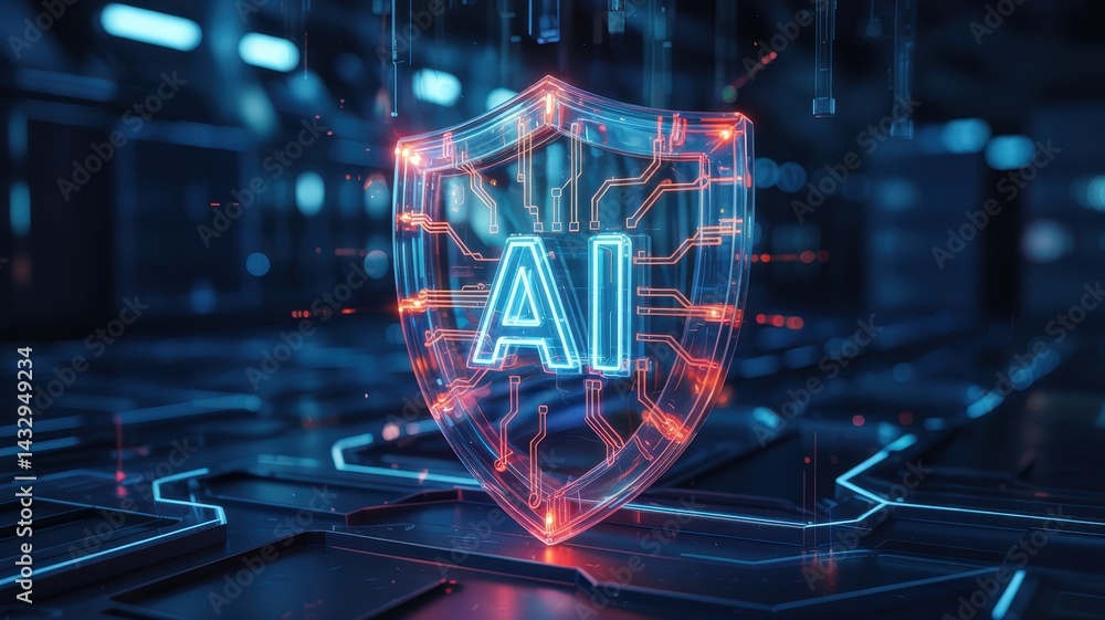 Futuristic digital shield representing artificial intelligence protection.