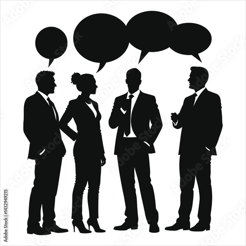 Businesspeople in Conversation Vector Silhouette/A professional Vector silhouette of four businesspeople engaged in a conversation.