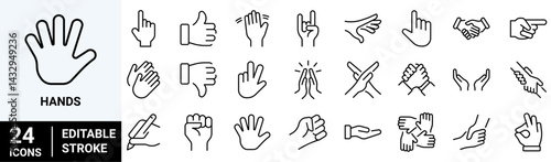 Set of 24 outline icons related to hands. Linear icon collection. Editable stroke. Vector illustration