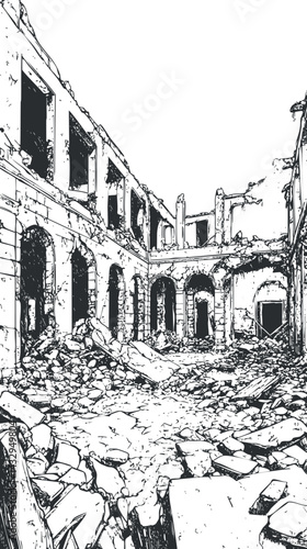 Black and white sketch illustration of a ruined building with collapsed walls and rubble inside a courtyard.