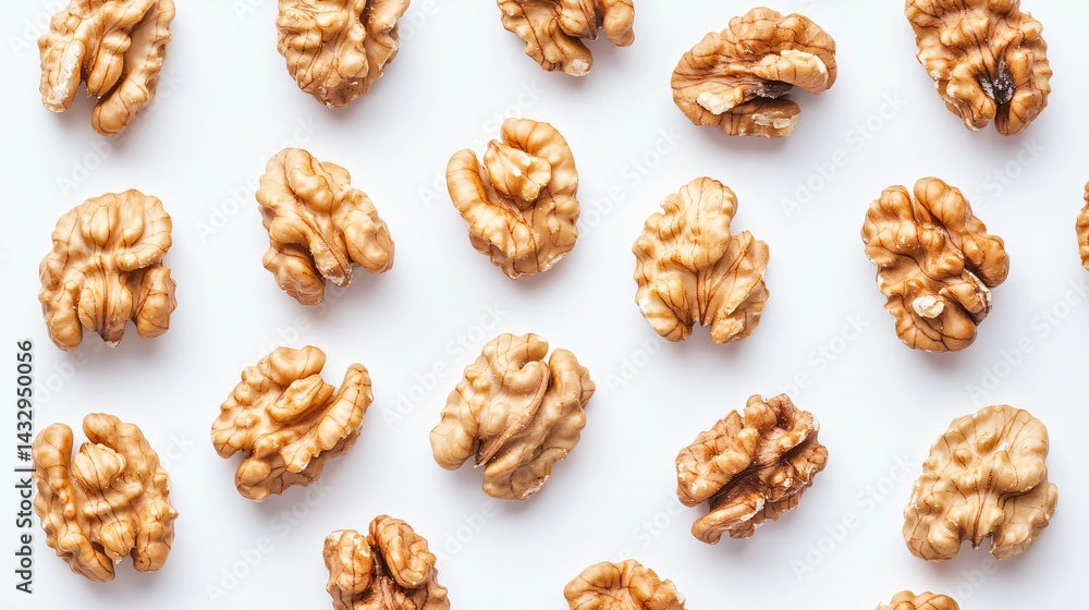 Organized Display of Dried Walnut Kernels on White Background Organized Display of Dried Walnut Kernels on White Background