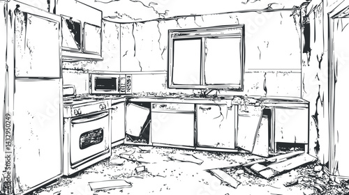 Black and white drawing of an abandoned kitchen with broken appliances and debris on the floor in a state of decay.