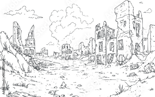 Line art of a postapocalyptic ruined city with destroyed buildings and empty streets