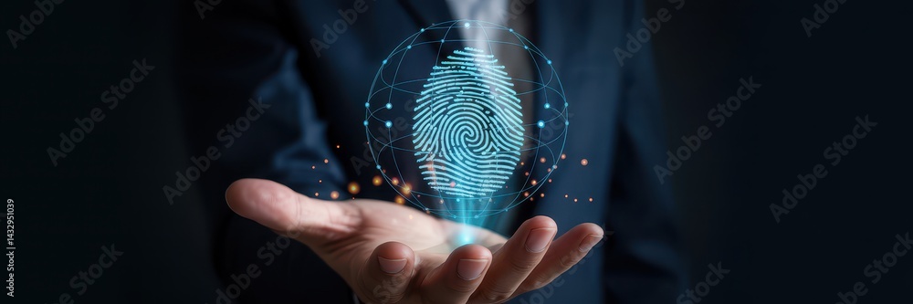 Holographic fingerprint displayed in a hand.
