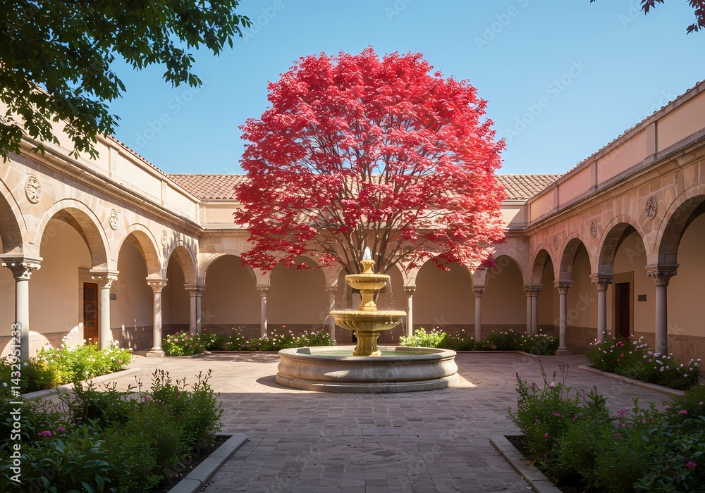 Obraz premium Red Flower Tree in Courtyard Fountain