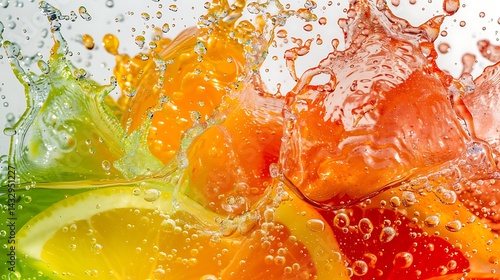 A refreshing splash of tropical fruit punch, the colors vividly contrasting against a white surface.