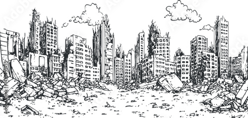 Black and white sketch of a destroyed urban cityscape with ruined buildings and rubble in a post-apocalyptic setting