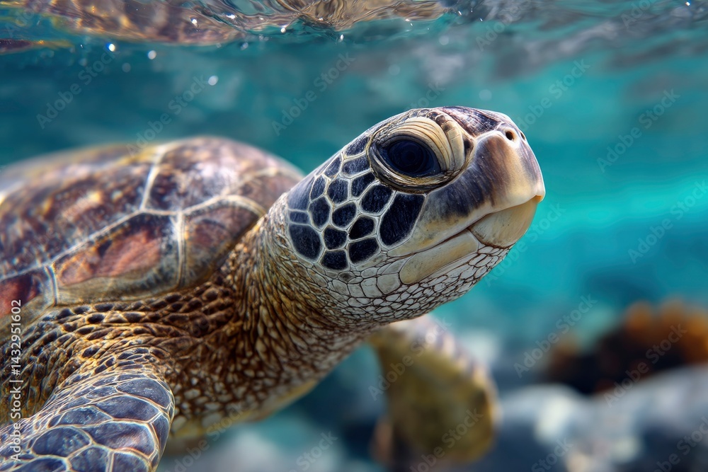 Fototapeta premium Sea Turtle Swimming Underwater Close Up