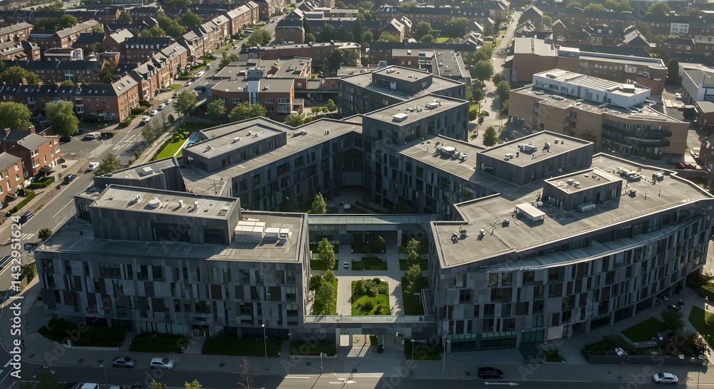 Fototapeta premium Aerial view of modern residential complex with green rooftops in suburban neighborhood.