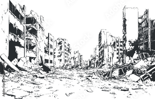 Black and white illustration of a destroyed city with collapsed buildings and debris scattered on the street