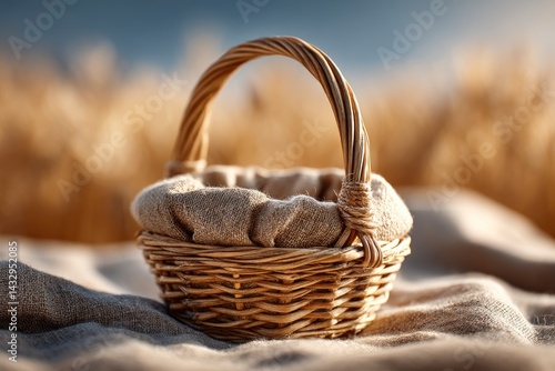 Wicker Basket with Fabric on Sand in Wheat Field