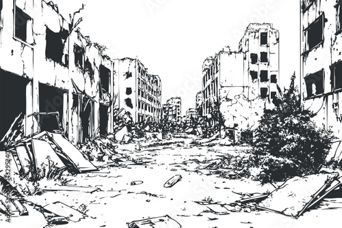 Black and white illustration of a destroyed urban area with ruined buildings and rubble scattered on the ground in a post-apocalyptic setting.