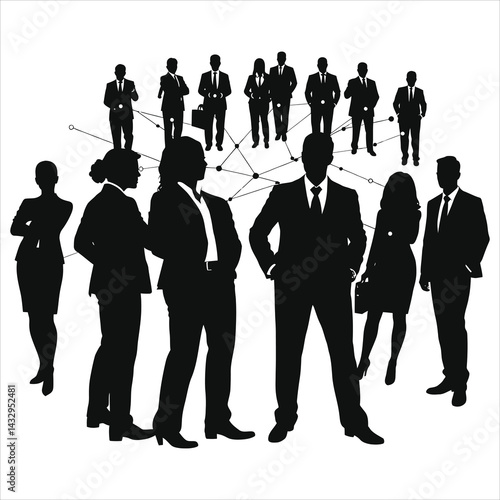 Silhouette illustration of a diverse group of business professionals, linked by connecting lines, conveying a sense of collaboration and interconnectedness within a professional environment...