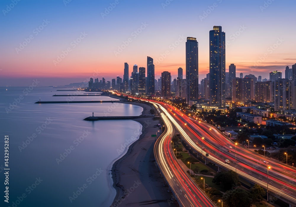 Fototapeta premium Stunning Coastal Cityscape at Sunset