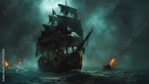 Ghostly pirate ship emerges from a turbulent sea, engulfed in flames, with dark clouds swirling. 