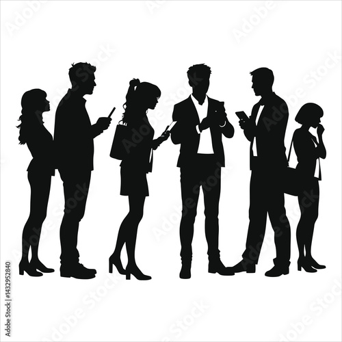 Vector Silhouette of Diverse People Engaged in Conversation, Focused on Mobile Devices/A silhouette  depicting a group of people, likely professionals, engaged in a conversation..