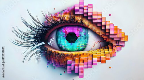 Pixelated Eye Portrait with Vibrant Colors and Detailed Lashes on White Background