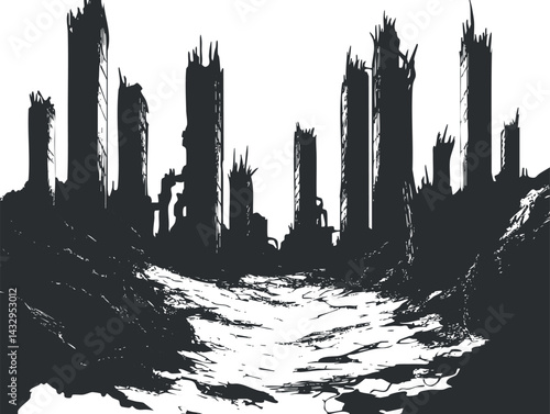 Black and white illustration of a postapocalyptic ruined city with destroyed buildings and scorched earth